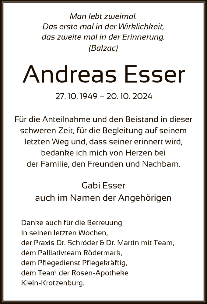  Traueranzeige für Andreas Esser vom 09.11.2024 aus OF