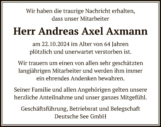 Traueranzeige von Andreas Axel Axmann von OF