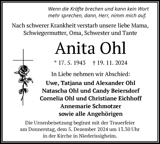 Traueranzeige von Anita Ohl von OF