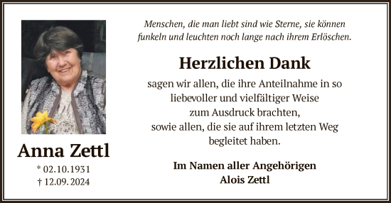 Traueranzeige von Anna Zettl von OF