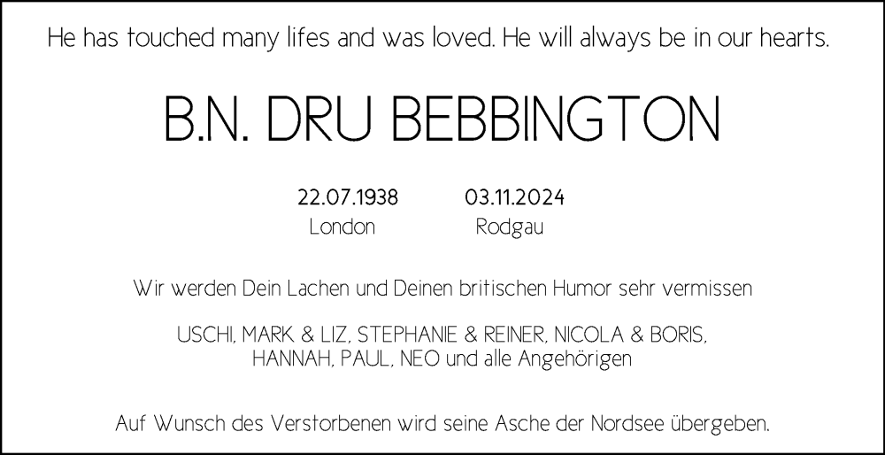  Traueranzeige für B.N. Dru Bebbington vom 09.11.2024 aus OF