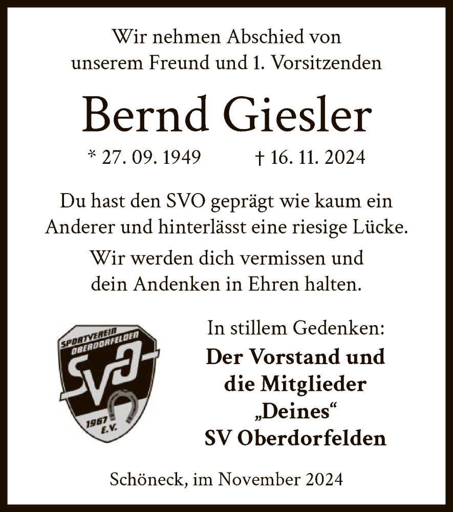  Traueranzeige für Bernd Giesler vom 30.11.2024 aus OF