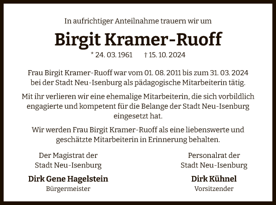 Traueranzeige von Birgit Kramer-Ruoff von OF