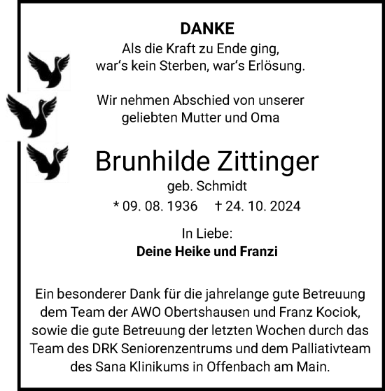 Traueranzeige von Brunhilde Zittinger von OF