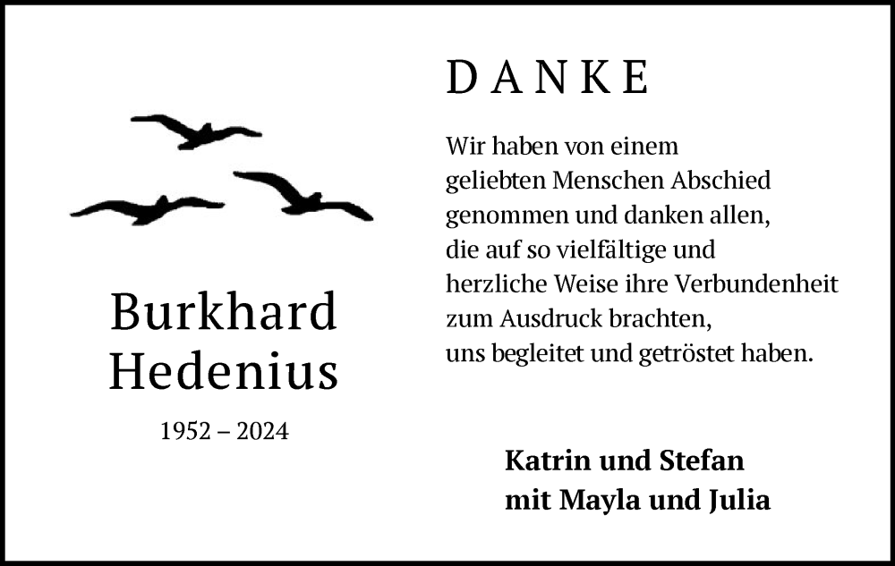  Traueranzeige für Burkhard Hedenius vom 09.11.2024 aus OF