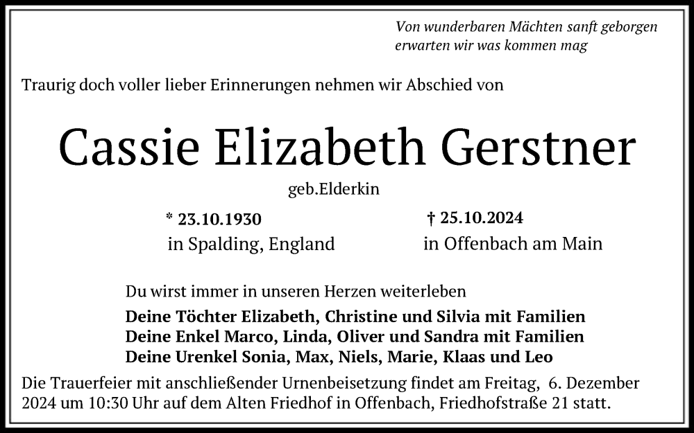  Traueranzeige für Cassie Elizabeth Gerstner vom 30.11.2024 aus OF