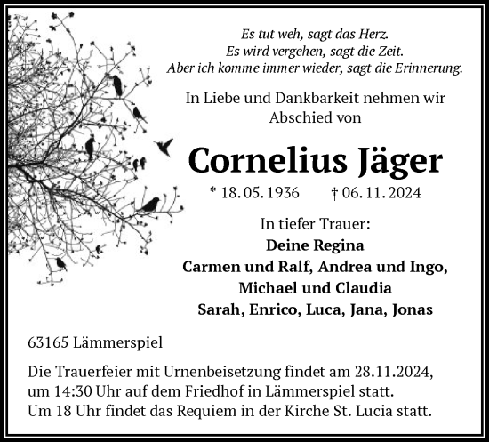 Traueranzeige von Cornelius Jäger von OF
