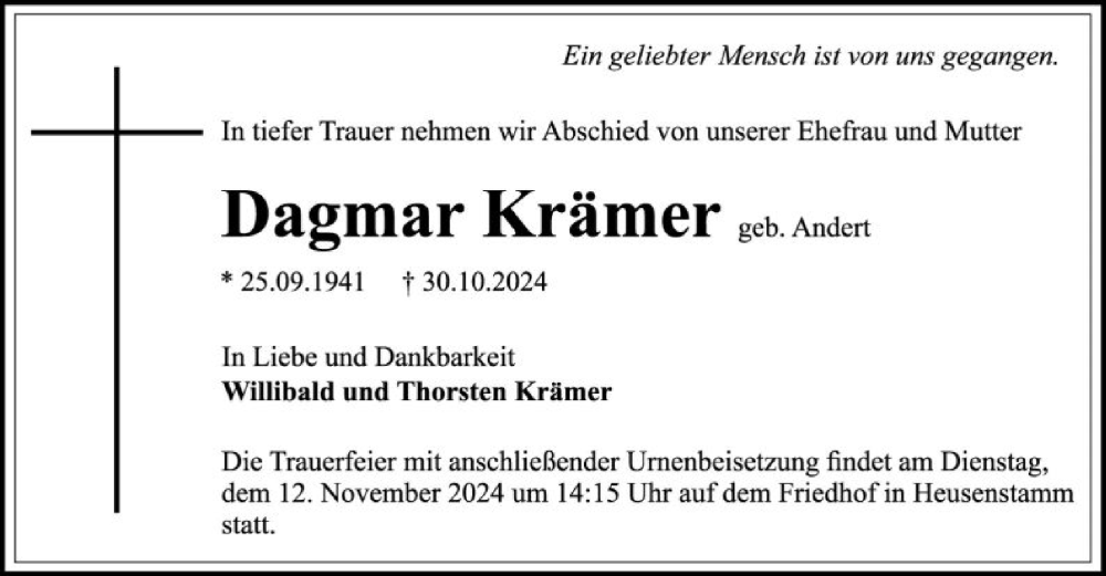  Traueranzeige für Dagmar Krämer vom 09.11.2024 aus OF