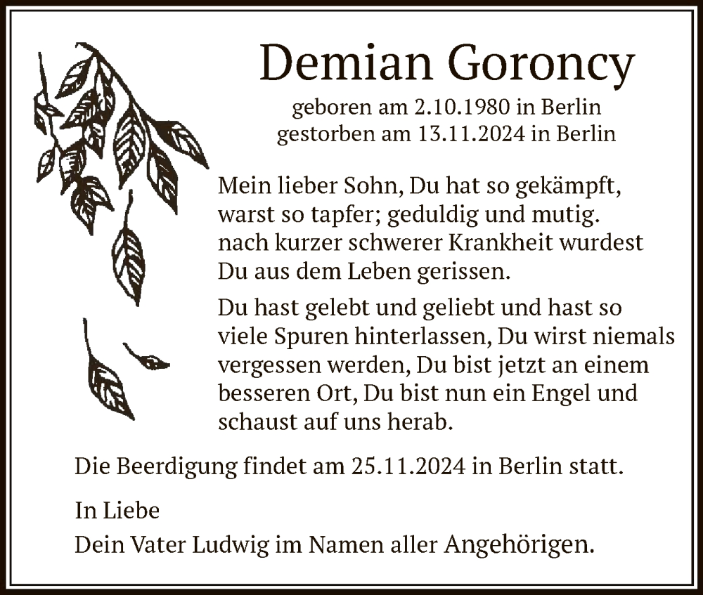  Traueranzeige für Demian Goroncy vom 22.11.2024 aus OF