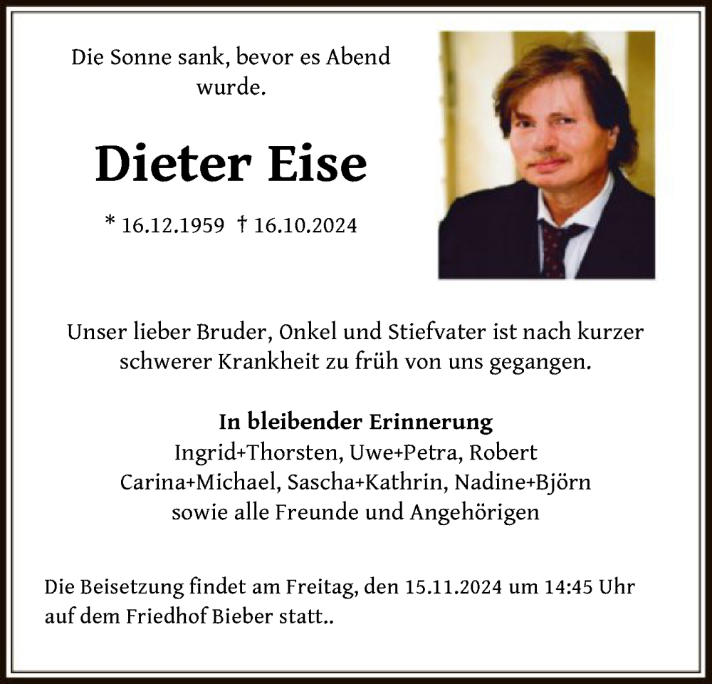  Traueranzeige für Dieter Eise vom 02.11.2024 aus OF