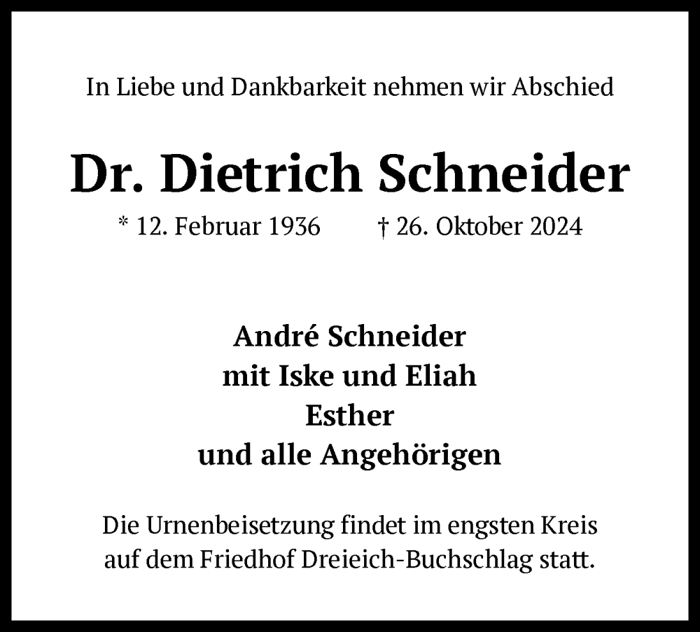  Traueranzeige für Dietrich Schneider vom 23.11.2024 aus OF