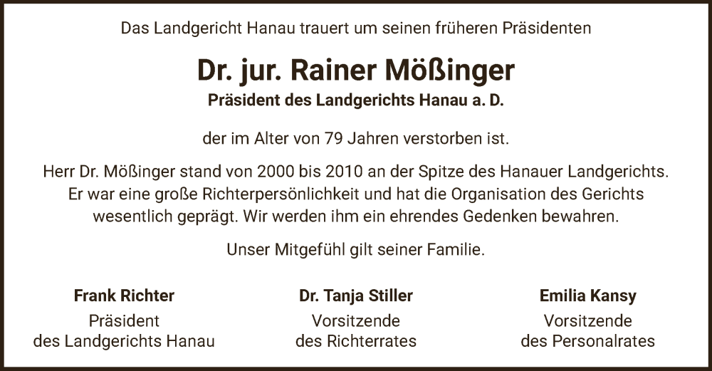 Traueranzeige für Rainer Mößinger vom 26.10.2024 aus OF