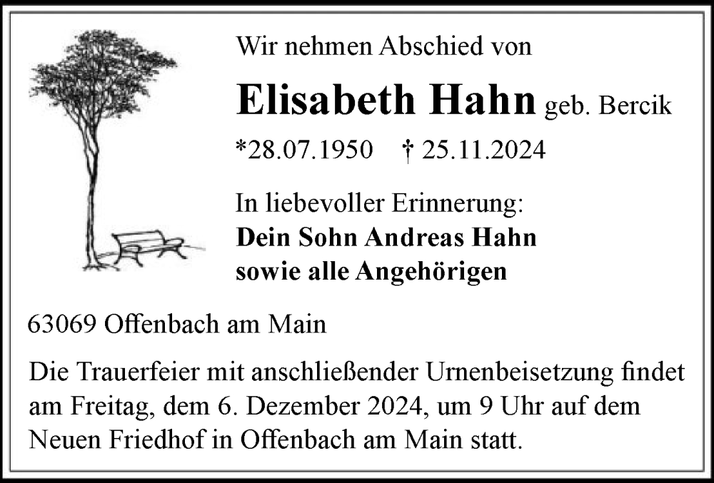  Traueranzeige für Elisabeth Hahn vom 30.11.2024 aus OF