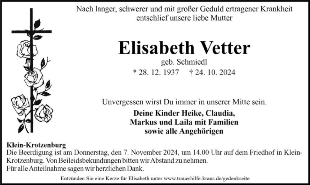  Traueranzeige für Elisabeth Vetter vom 02.11.2024 aus OF