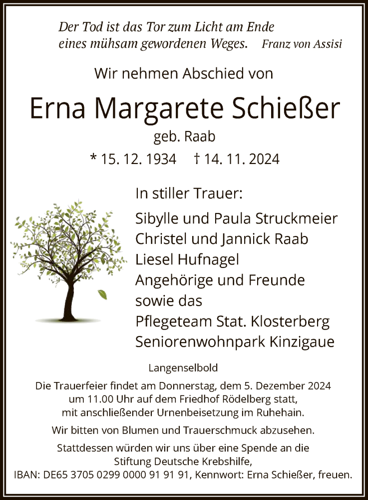  Traueranzeige für Erna Margarete Schießer vom 30.11.2024 aus OF