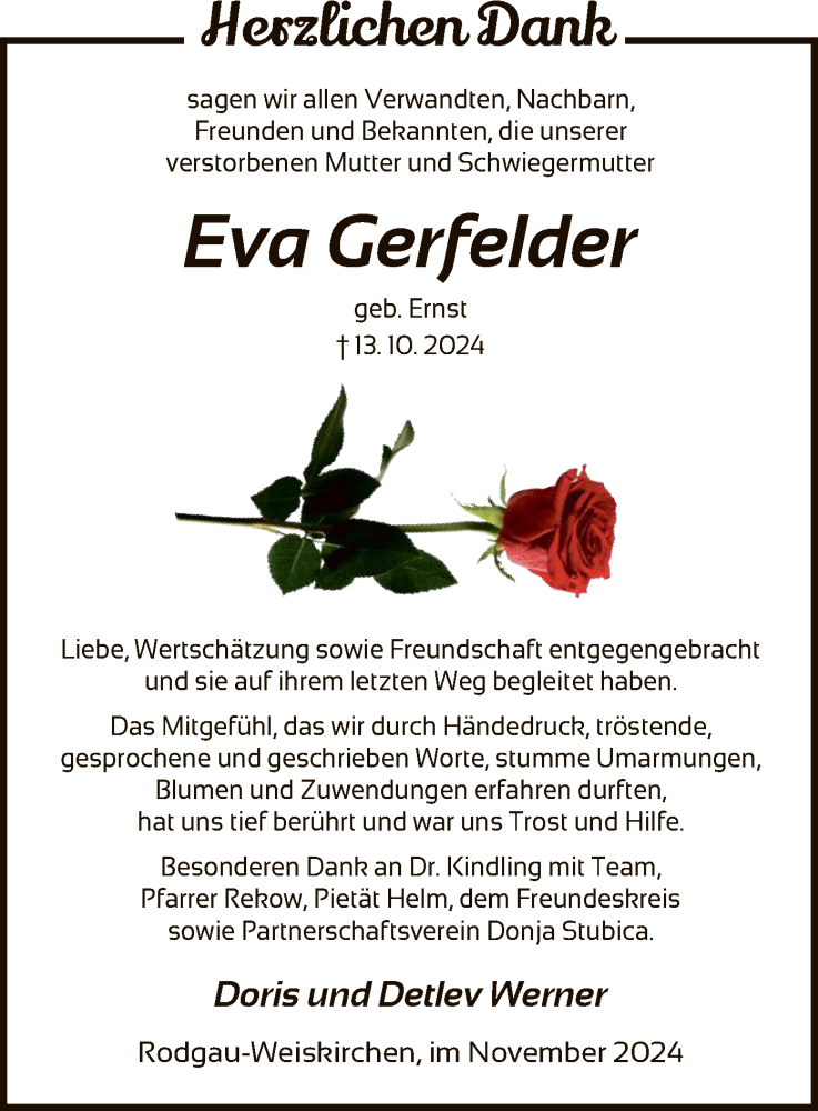  Traueranzeige für Eva Gerfelder vom 23.11.2024 aus OF