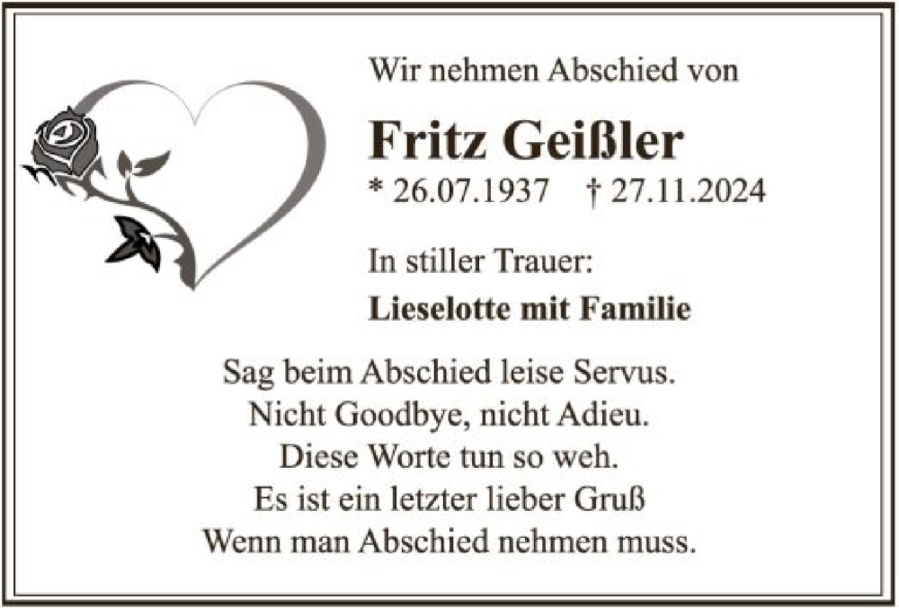  Traueranzeige für Fritz Geißler vom 30.11.2024 aus OF