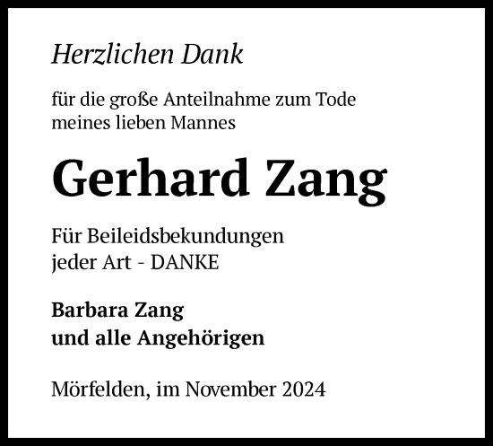 Traueranzeige von Gerhard Zang von OF