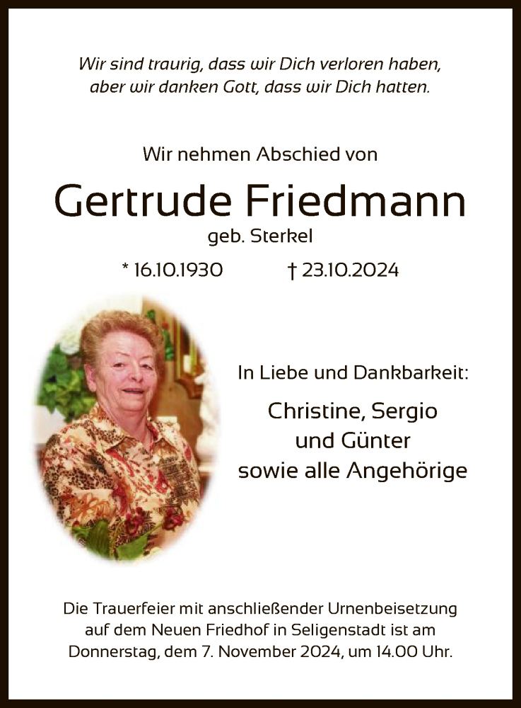  Traueranzeige für Gertrude Friedmann vom 02.11.2024 aus OF