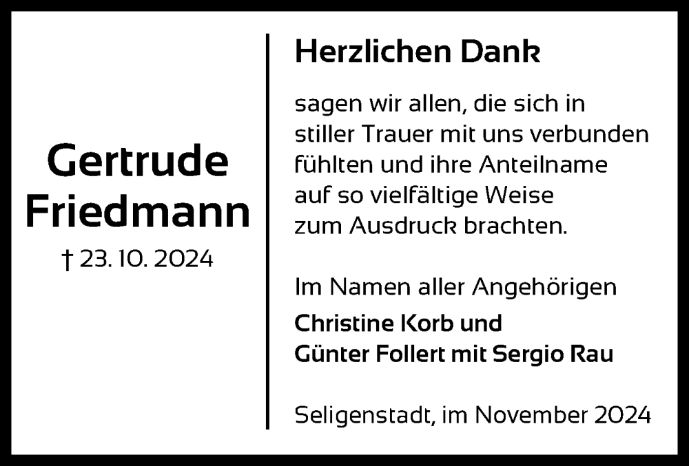  Traueranzeige für Gertrude Friedmann vom 16.11.2024 aus OF