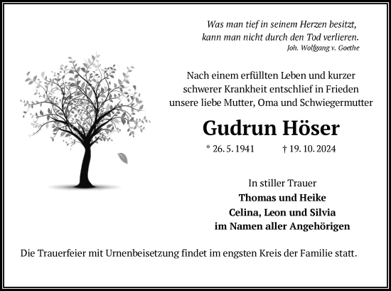 Traueranzeige von Gudrun Höser von OF