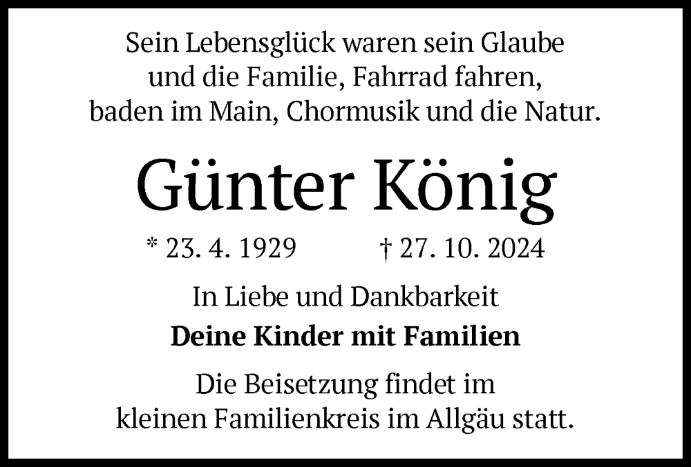  Traueranzeige für Günter König vom 02.11.2024 aus OF