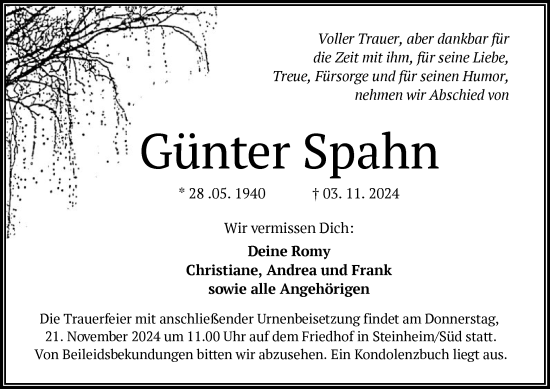 Traueranzeige von Günter Spahn von OF