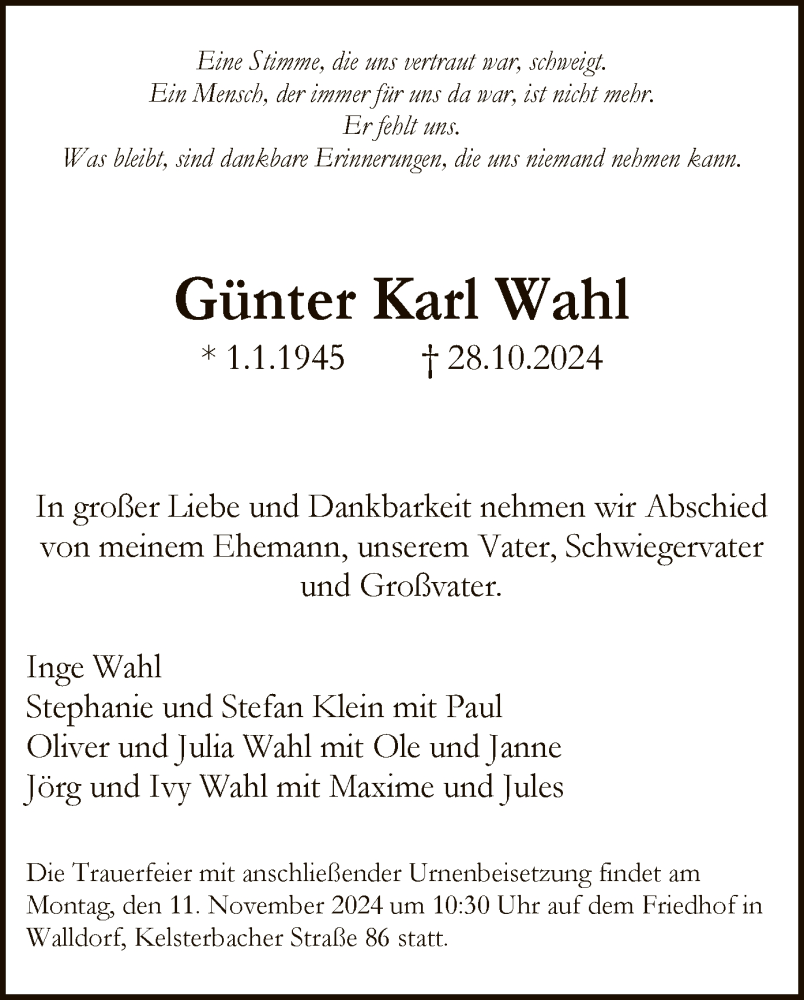  Traueranzeige für Günter Karl Wahl vom 01.11.2024 aus OF