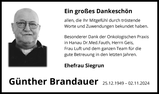 Traueranzeige von Günther Brandauer von OF