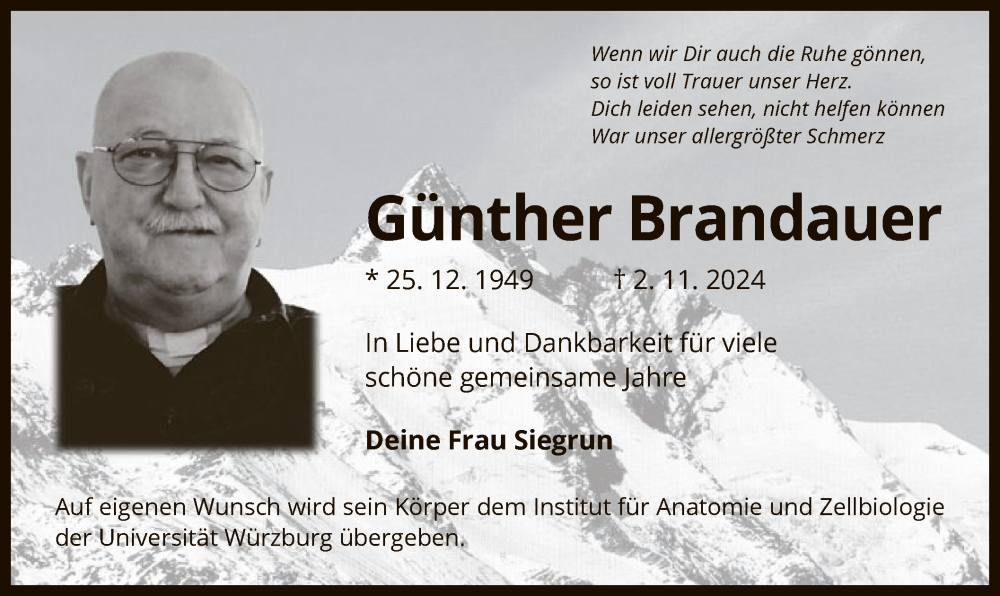 Traueranzeige für Günther Brandauer vom 09.11.2024 aus OF