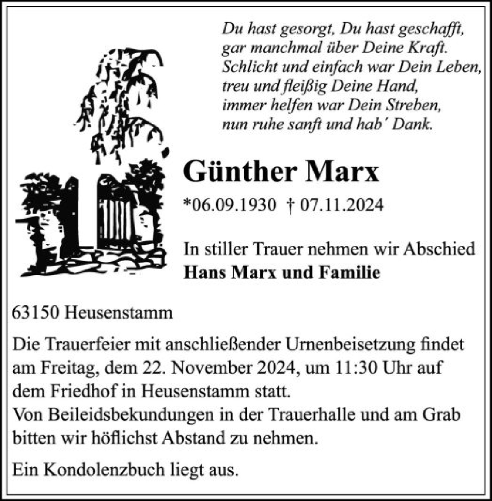  Traueranzeige für Günther Marx vom 16.11.2024 aus OF