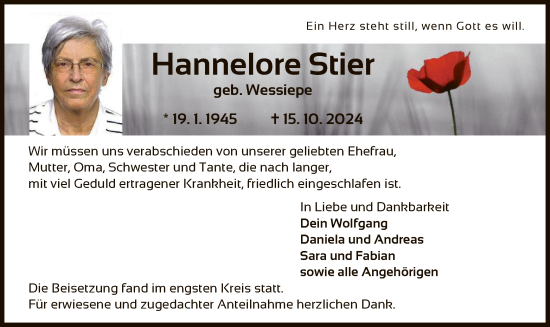 Traueranzeige von Hannelore Stier von OF