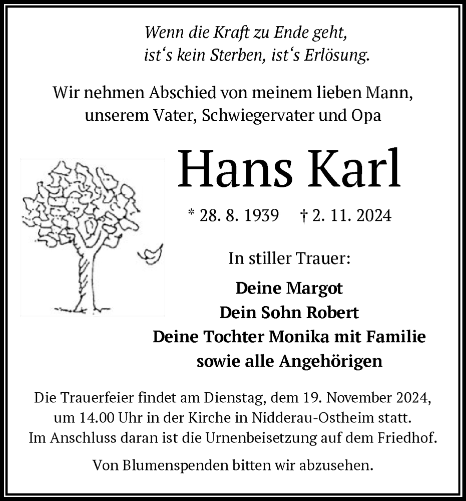  Traueranzeige für Hans Karl vom 09.11.2024 aus OF