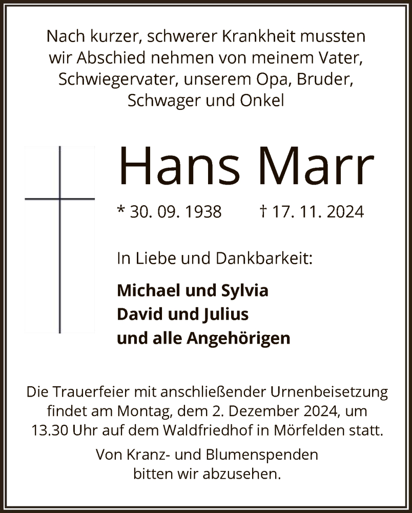  Traueranzeige für Hans Marr vom 22.11.2024 aus OF