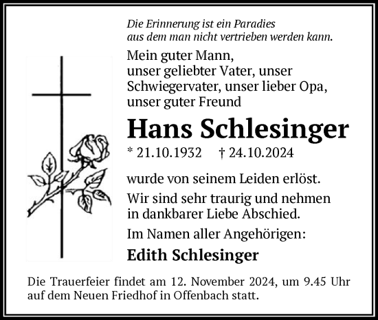 Traueranzeige von Hans Schlesinger von OF