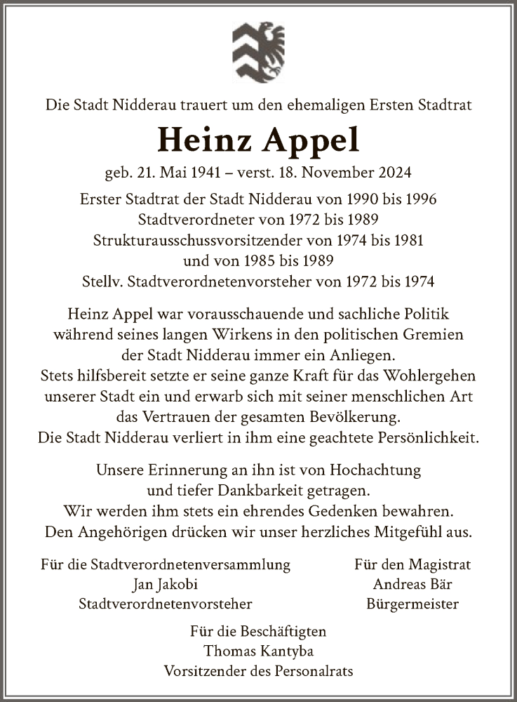  Traueranzeige für Heinz Appel vom 30.11.2024 aus OF