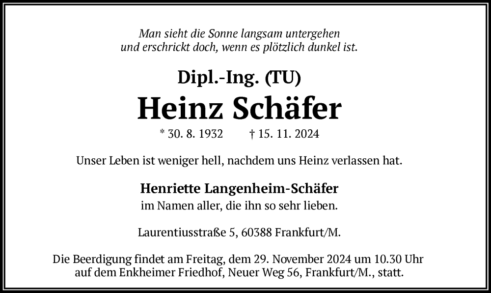  Traueranzeige für Heinz Schäfer vom 23.11.2024 aus OF