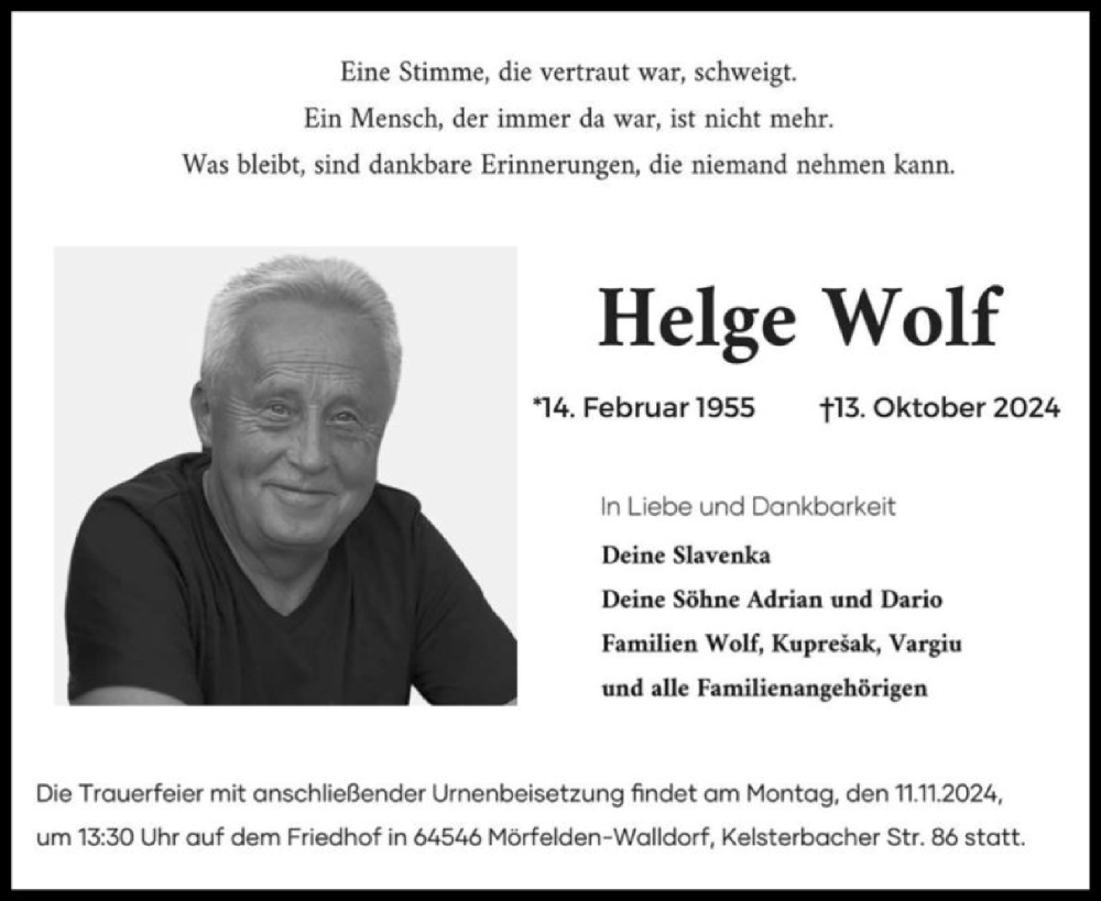  Traueranzeige für Helge Wolf vom 01.11.2024 aus OF