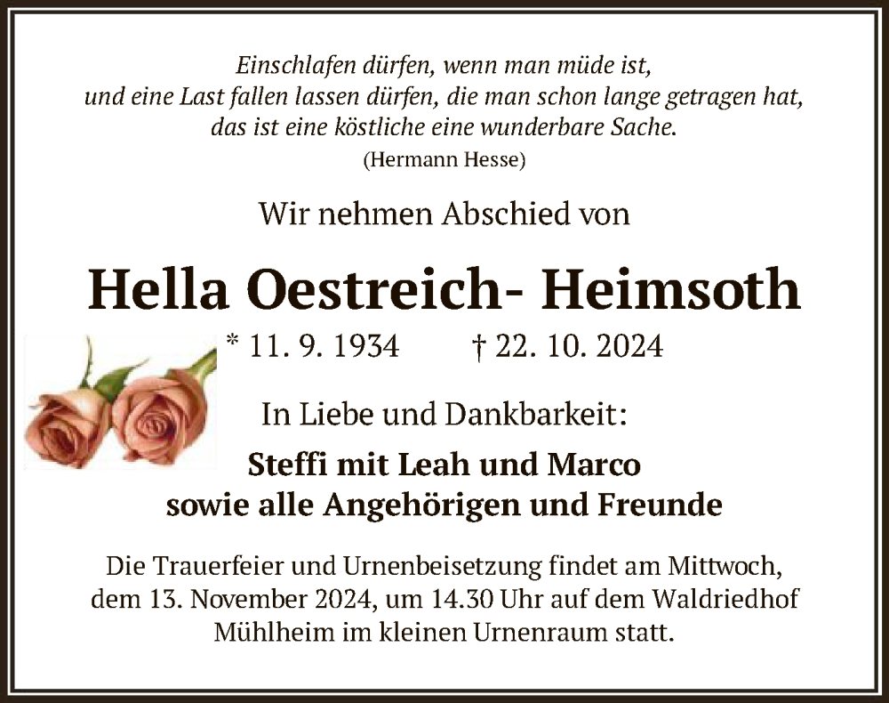 Traueranzeige für Hella Oestreich-Heimsoth vom 09.11.2024 aus OF
