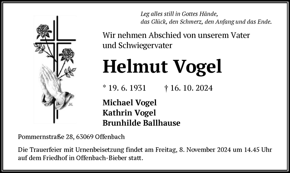  Traueranzeige für Helmut Vogel vom 02.11.2024 aus OF