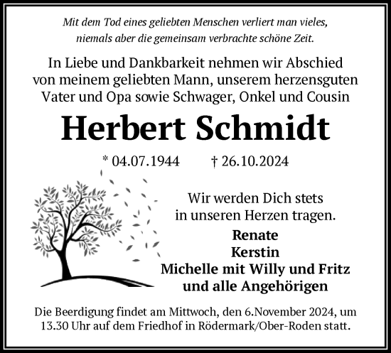 Traueranzeige von Herbert Schmidt von OF