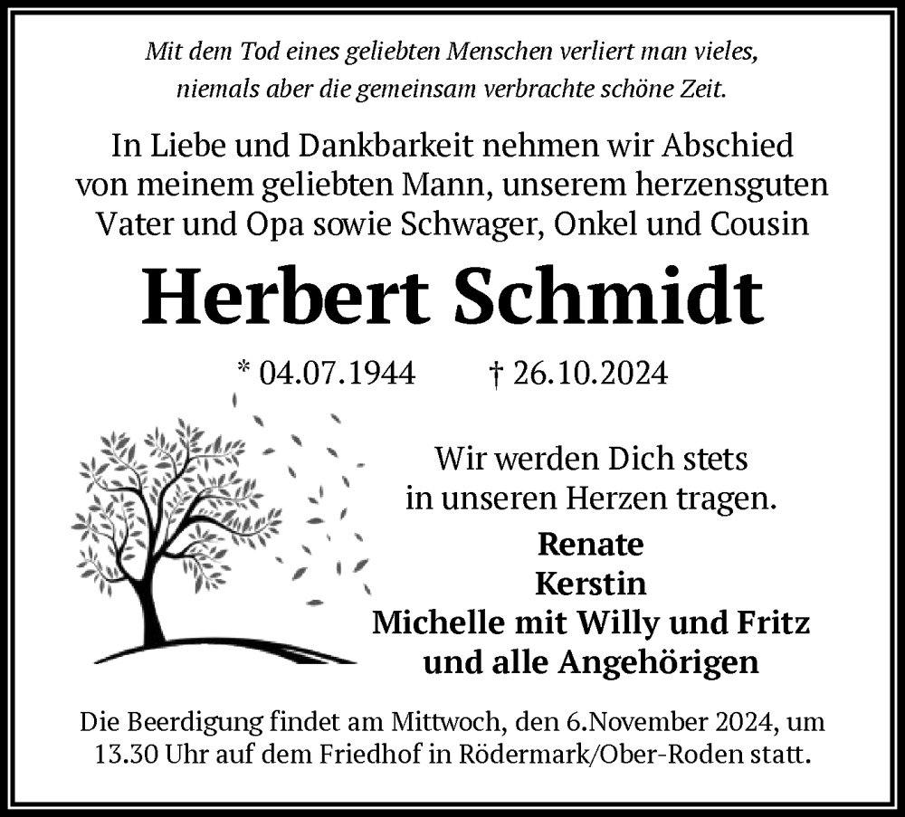  Traueranzeige für Herbert Schmidt vom 02.11.2024 aus OF
