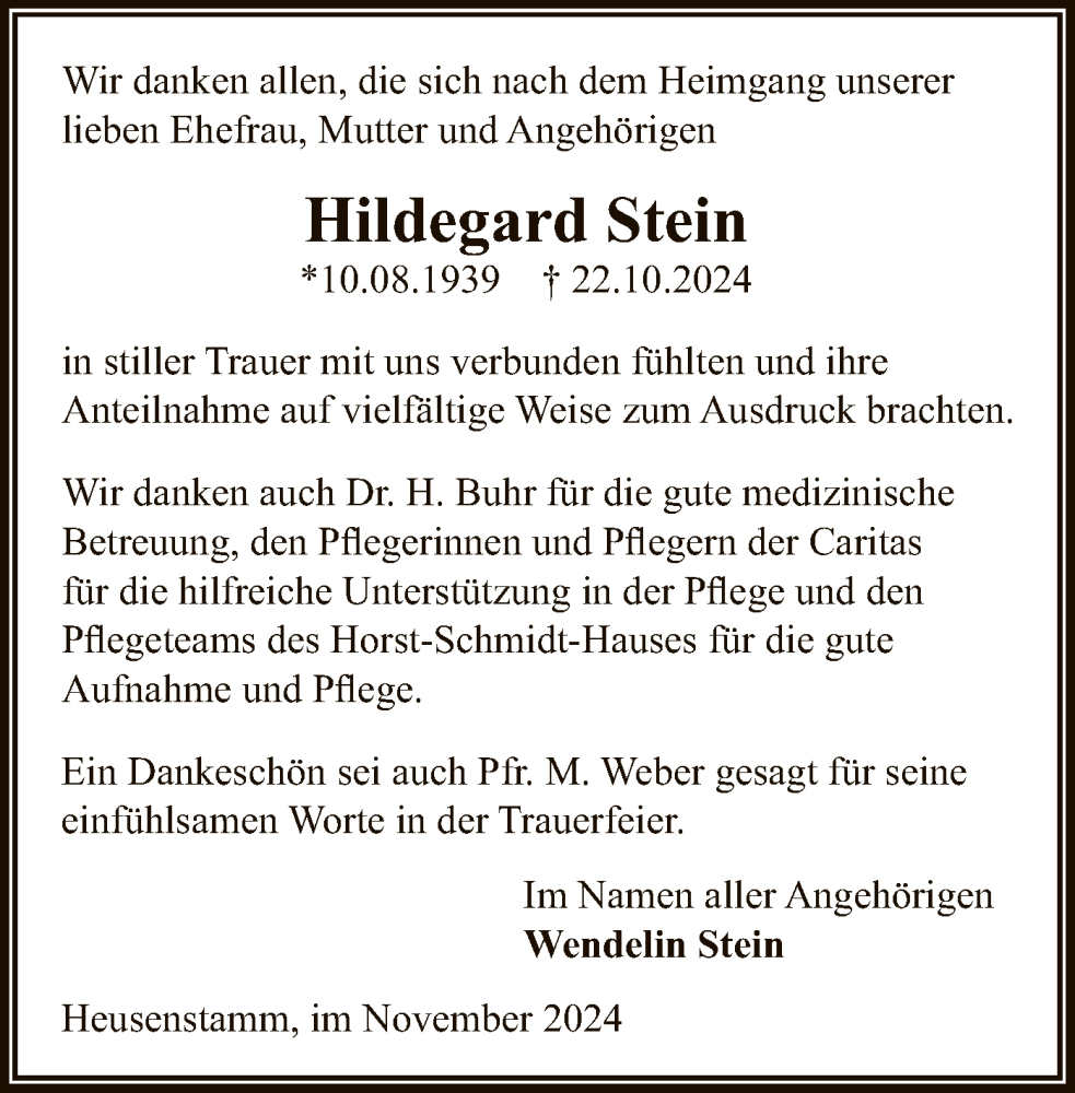  Traueranzeige für Hildegard Stein vom 30.11.2024 aus OF