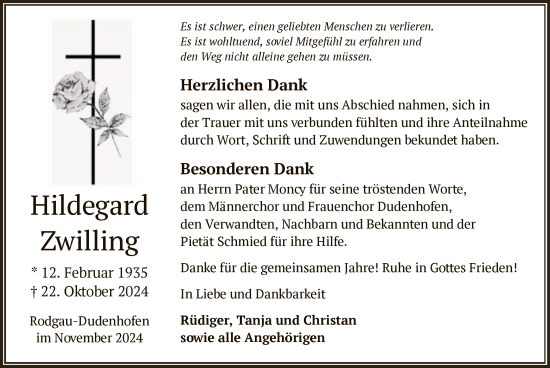 Traueranzeige von Hildegard Zwilling von OF