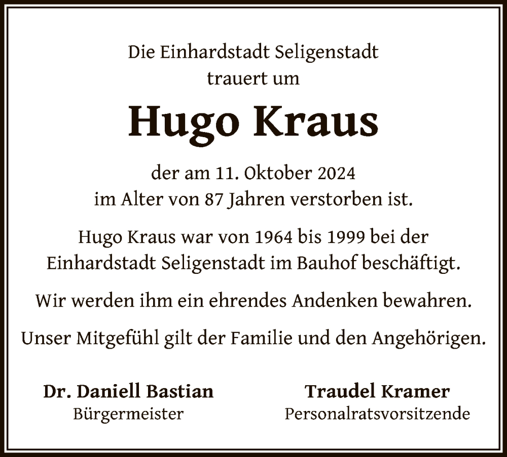  Traueranzeige für Hugo Kraus vom 02.11.2024 aus OF