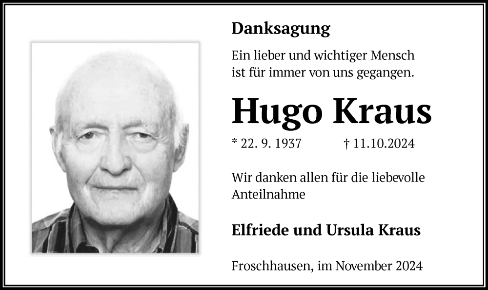  Traueranzeige für Hugo Kraus vom 23.11.2024 aus OF