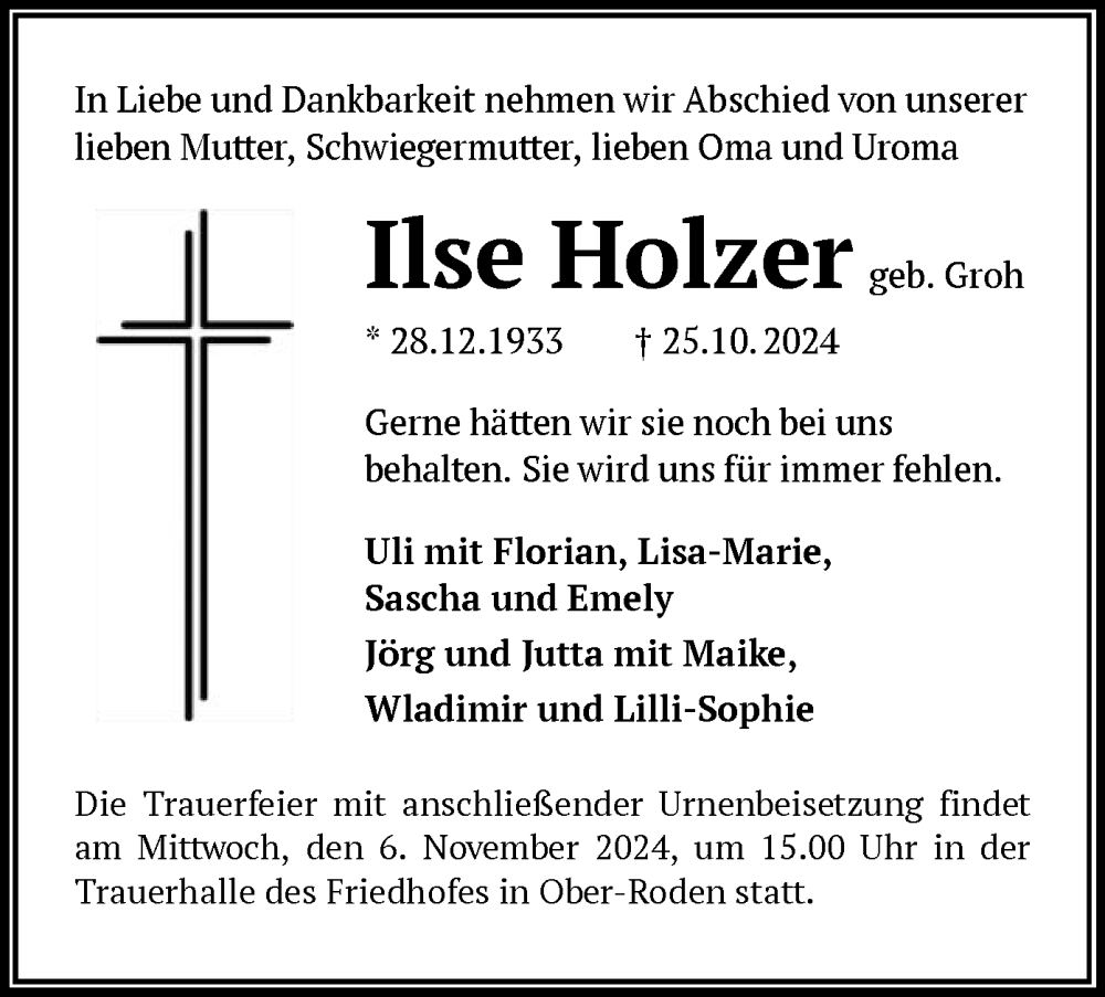  Traueranzeige für Ilse Holzer vom 02.11.2024 aus OF
