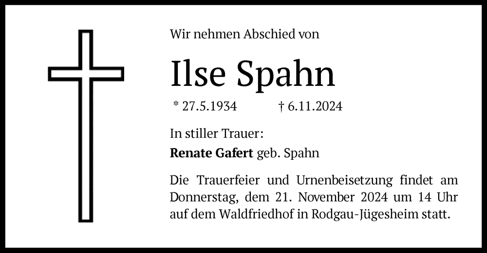  Traueranzeige für Ilse Spahn vom 16.11.2024 aus OF