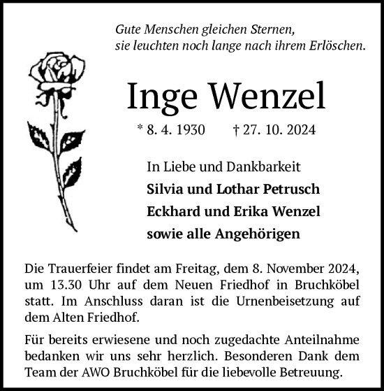 Traueranzeige von Inge Wenzel von OF