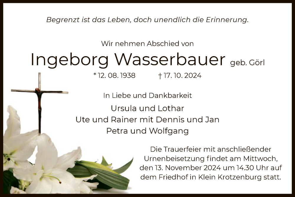  Traueranzeige für Ingeborg Wasserbauer vom 09.11.2024 aus OF